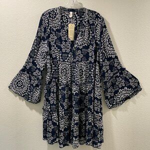 (NWT) ELAN "Charli" Mini Dress Bell Sleeve Boho Paisley/Floral, Navy - XL